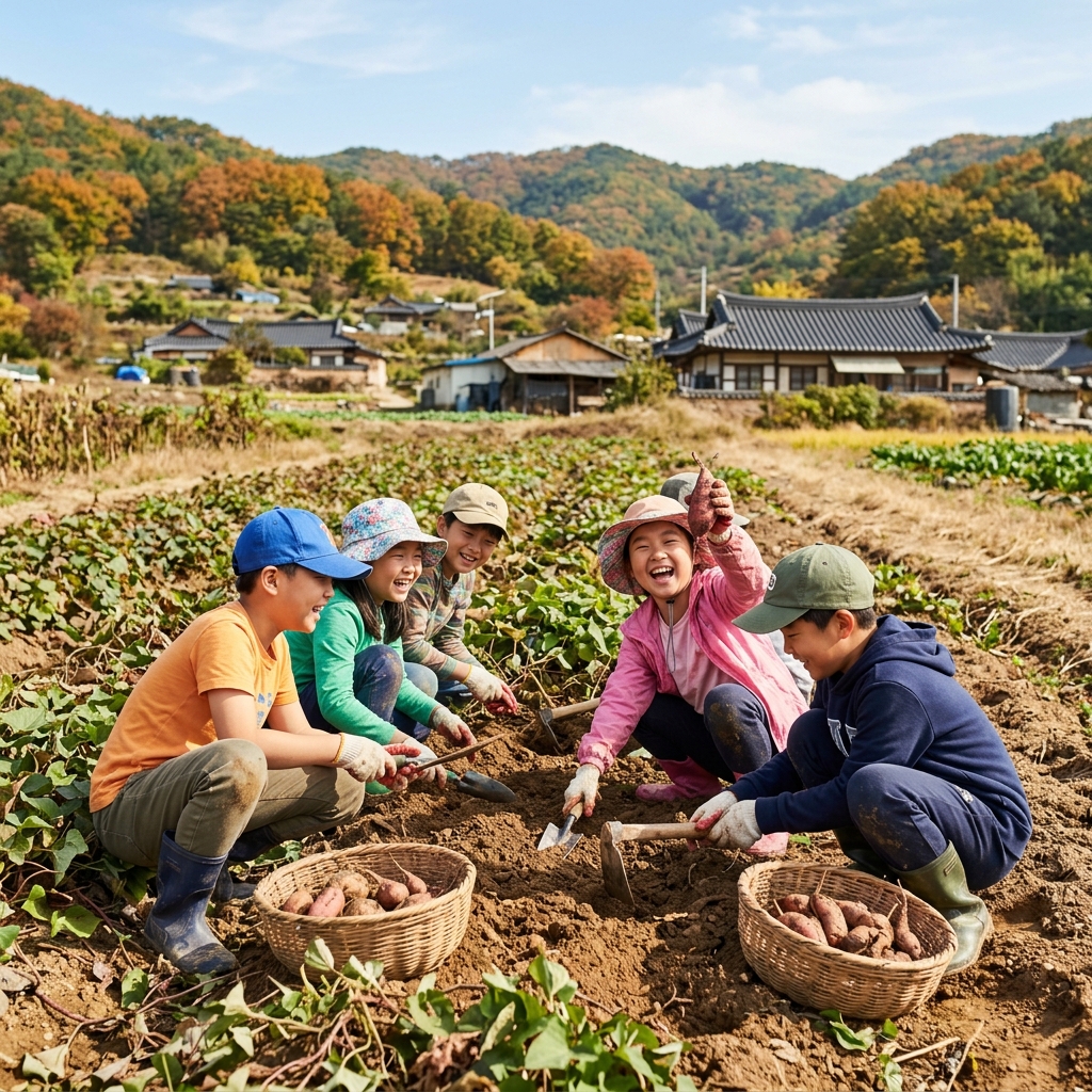 아이들이 즐겁게 농산물을 수확하는 모습